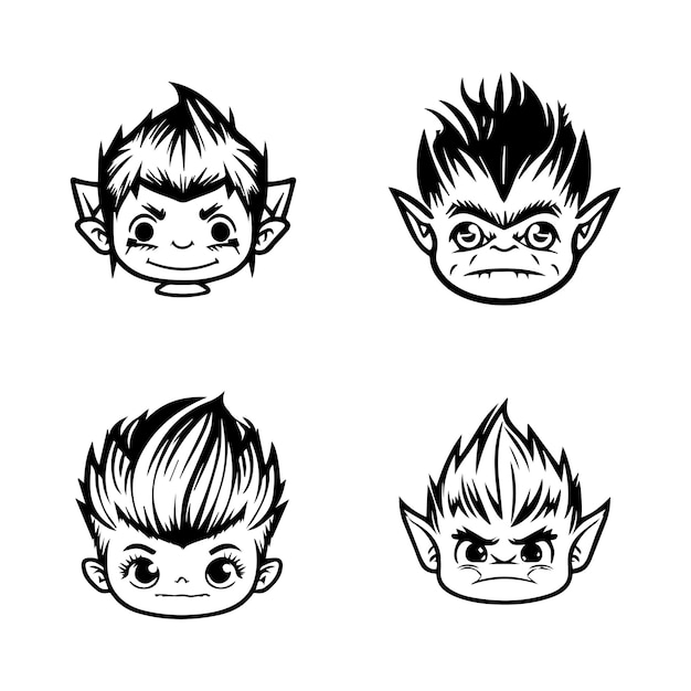 A cute anime troll head collection set featuring Hand drawn line art illustrations cartoon