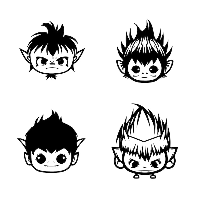 cute anime troll head collection set hand drawn line art illustration