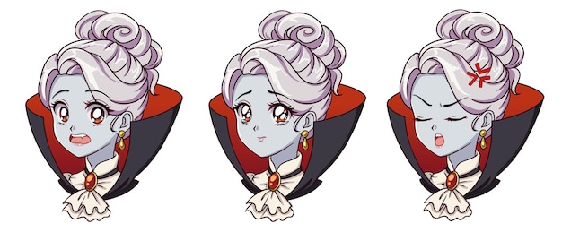 cute anime vampire girl portrait. two different expressions. 90s retro anime style hand drawn   illustration. isolated