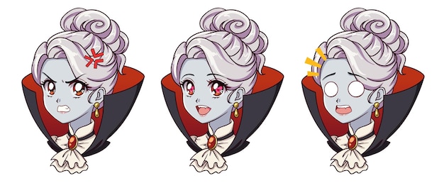 cute anime vampire girl portrait. two different expressions. 90s retro anime style hand drawn.