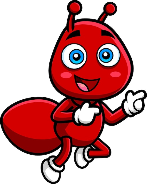 Cute Ant Cartoon Character Pointing. Vector Hand Drawn Illustration