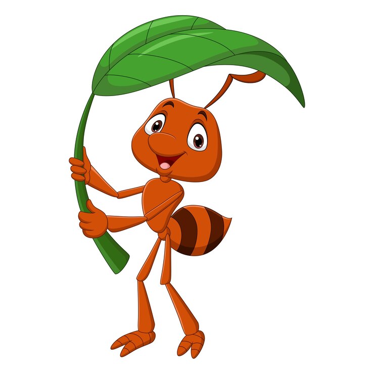 वेक्टर cute ant cartoon holding green leaf