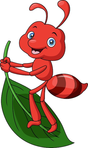 Cute ant cartoon with green leaf