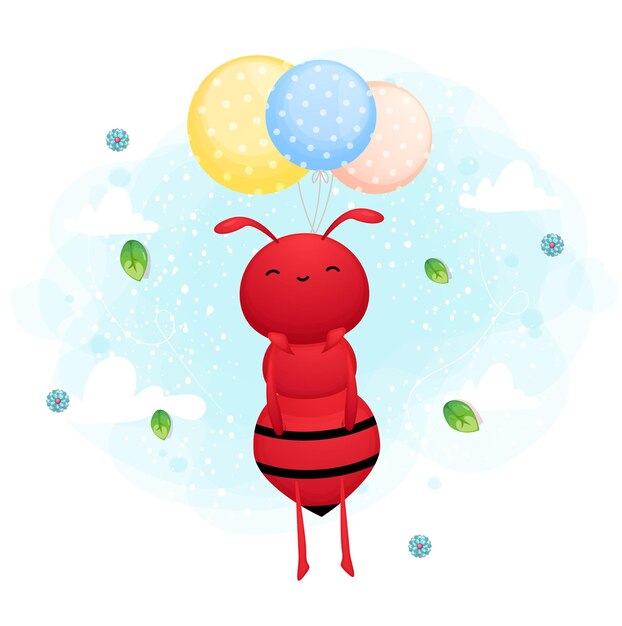 Cute ant flying with balloon cartoon character