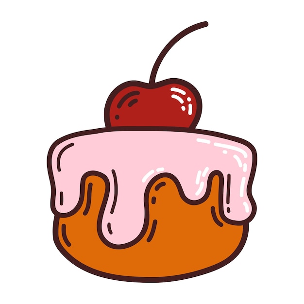 Cute appetizing sweet cherry cake in doodle style with hatching isolated on white background