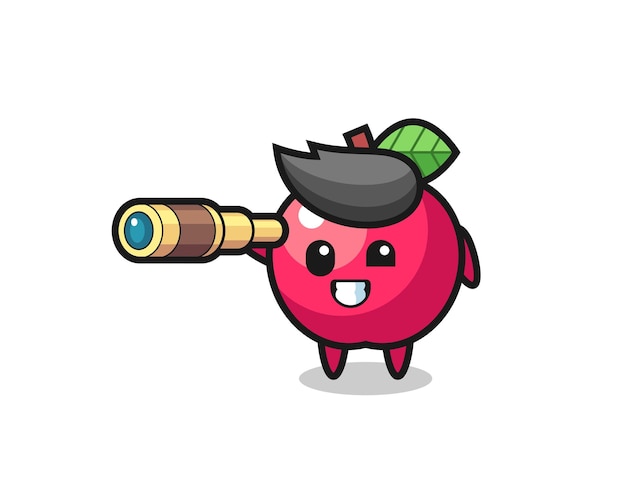 Cute apple character is holding an old telescope