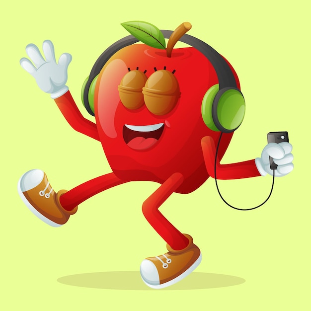 Cute apple character listening to music