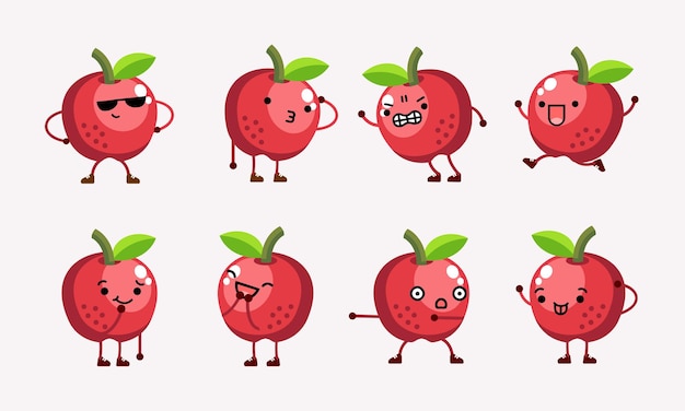 Simpatica illustrazione della mascotte del personaggio della mela con diverse pose ed espressioni facciali