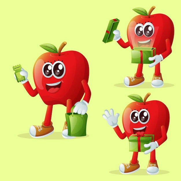 Vector cute apple characters receiving gifts