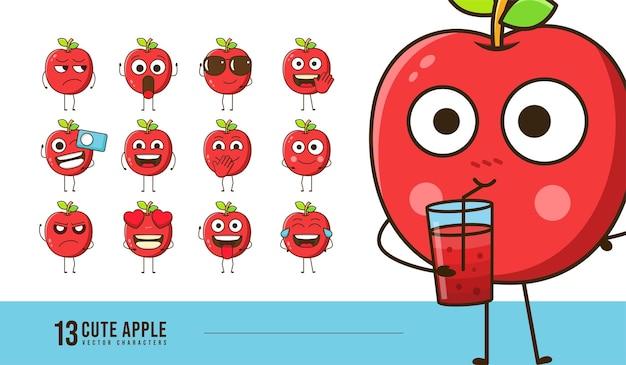 Симпатичные персонажи apple для магазина фруктовых соков и доставки смайликов apple выражение лица