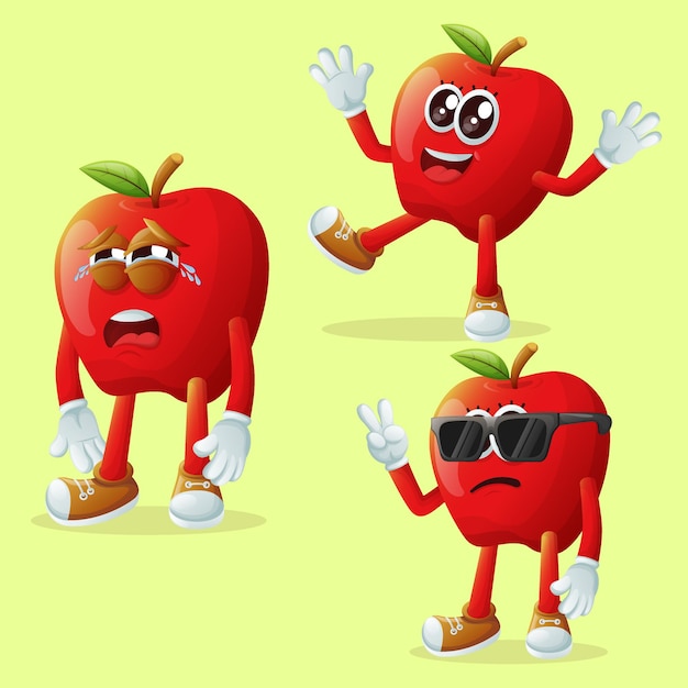 Vector cute apple characters with emoticon faces