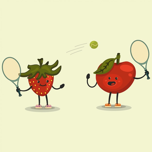 Cute apple and strawberry cartoon character playing tennis.