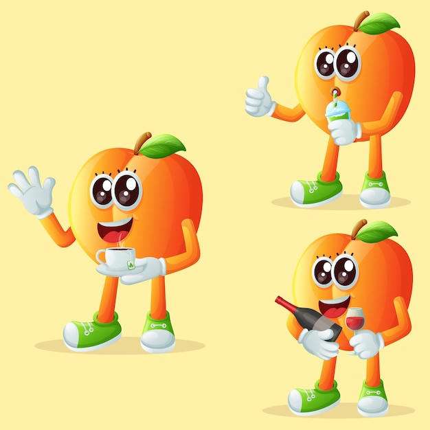 Vector cute apricot characters enjoying beverages