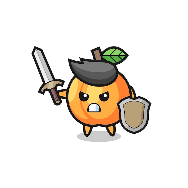 Симпатичный абрикосовый солдат борется с мечом и щитом
