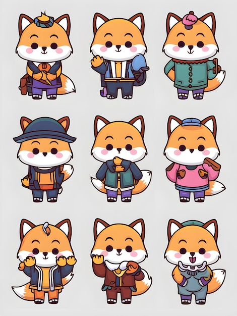 Вектор cute arctic fox collection 9piece cute kawaii arctic fox sticker set для мгновенной загрузки