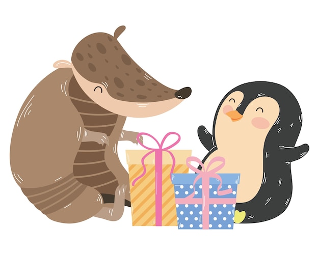 Vector cute armadillo and penguin