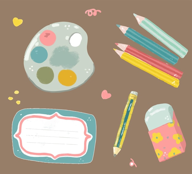 かわいいアートステーショナリー手描きカラー鉛筆鉛筆消しゴムベクトル