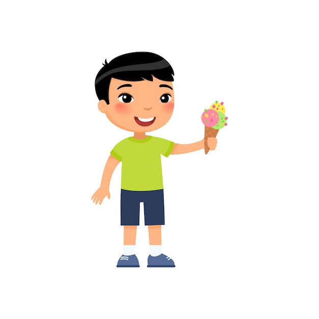 Cute Asian boy with ice cream holding refreshing gelato in waffle cone