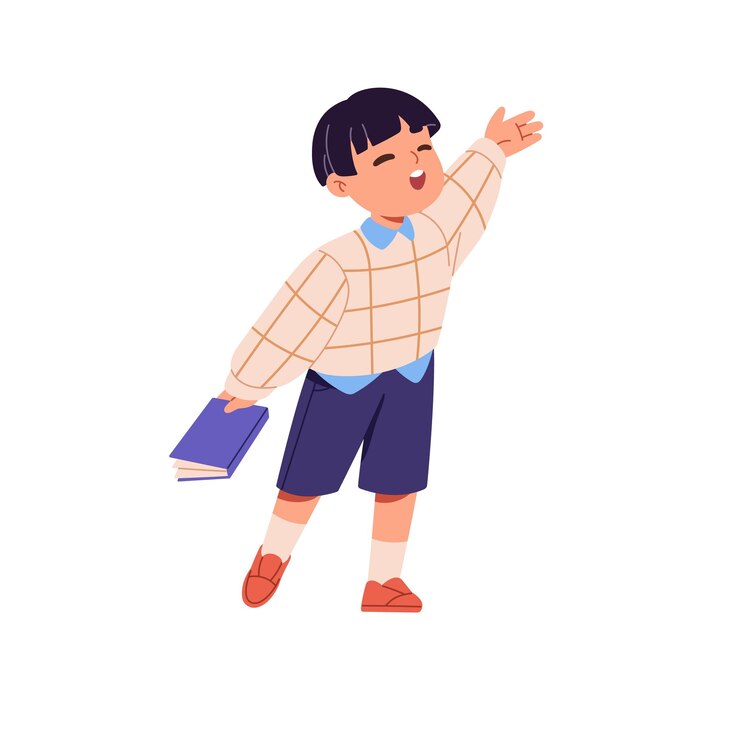Vector アジアの可愛い子供が祈りを歌い歌の本を握っています幸せな子供は教会の合唱団で演奏しています小さな男の子の歌手は目を閉じて手を上げてキャロルを演奏しています白い背景の平らな孤立したベクトルイラスト