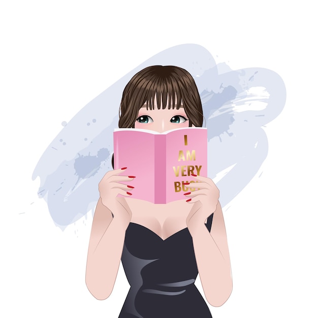 Vector cute asian girl reading a book. smart pretty girl concept.