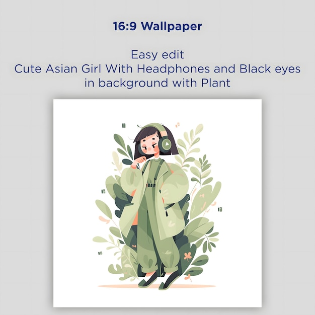 cute asian girl With headphones and Black eyes in background with Plant