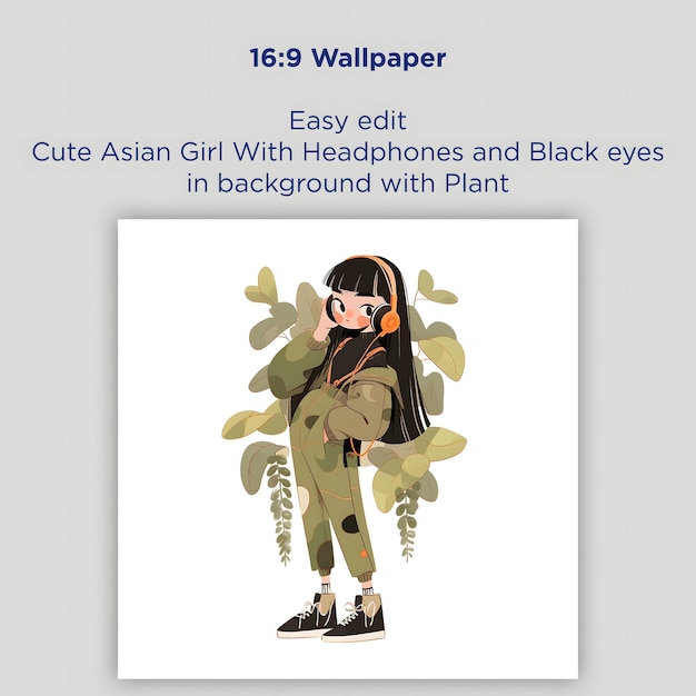 헤드폰을 끼고 검은 눈을 배경으로 식물을 들고 있는 귀여운 아시아 소녀