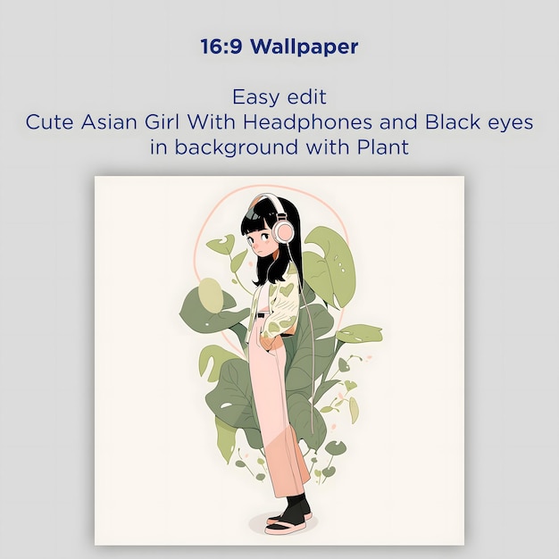 헤드폰을 끼고 검은 눈을 배경으로 식물을 들고 있는 귀여운 아시아 소녀