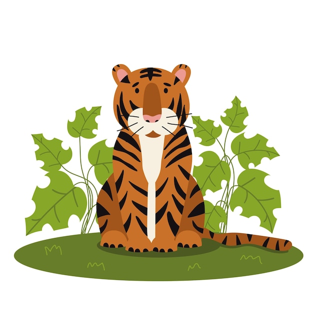 Cute asian tiger in jungle plants. Exotic animal isolated on white background. Feline childish