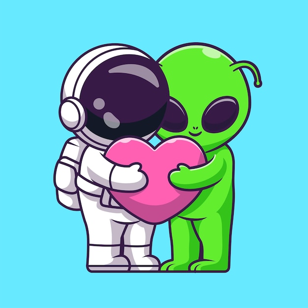 Cute astronaut and alien hug love heart cartoon vector icon illustration. science technology flat