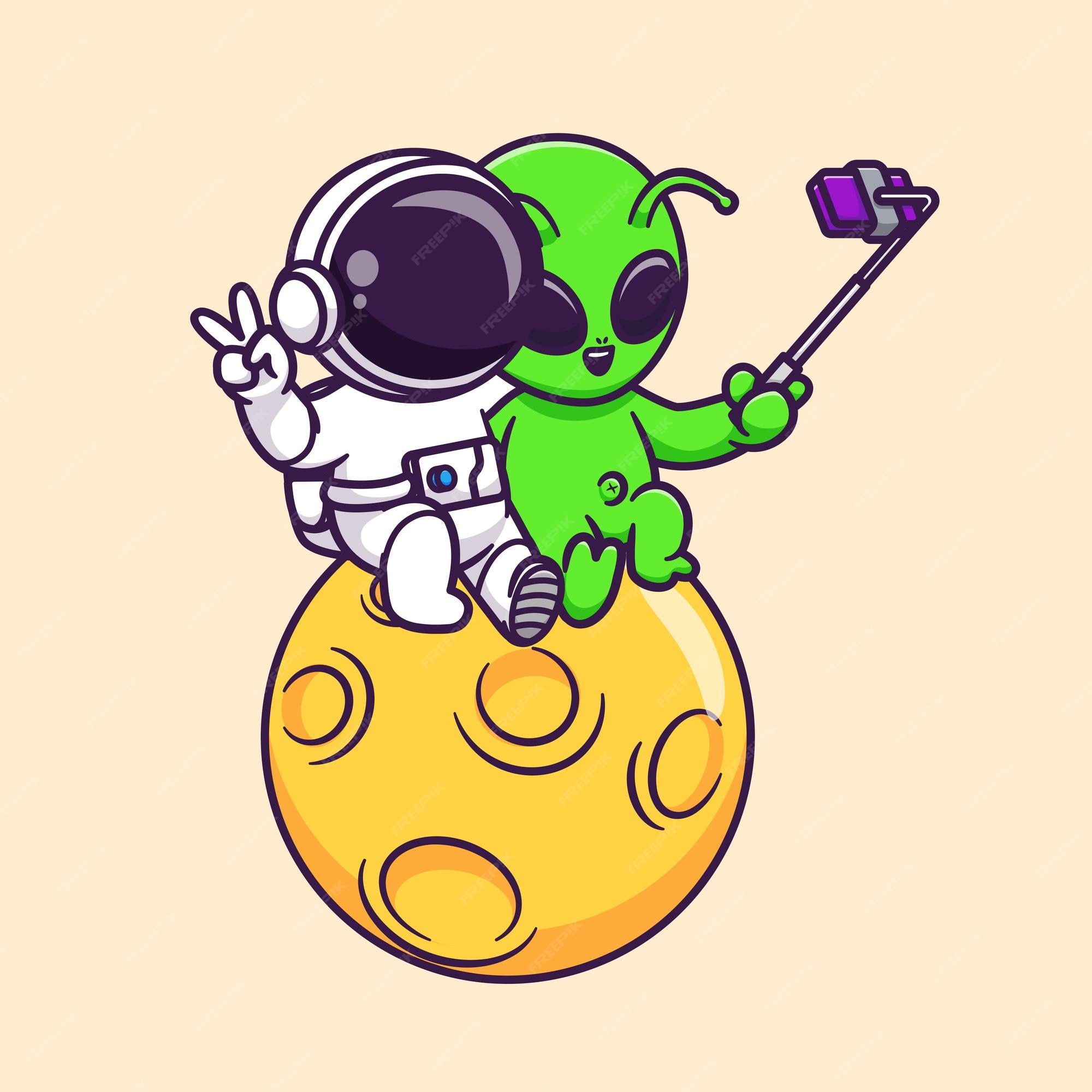 Premium Vector, Cute alien holding moon balloon cartoon illustration