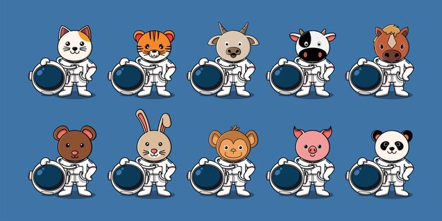 かわいい宇宙飛行士動物セットベクトルイラスト