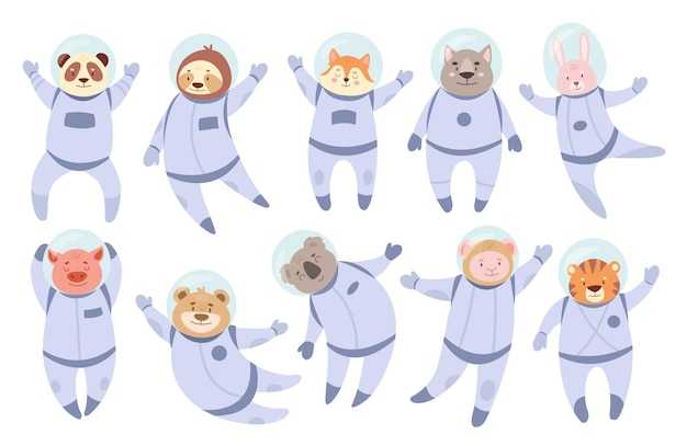 Vector cute astronaut animals set space travelers flying wild animals or pets in space suits