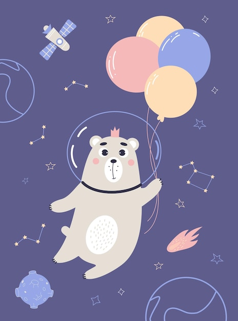 Cute astronaut bear with balloons stars planets and meteorite on blue background