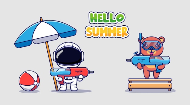 Cute astronaut and bear with hello summer greeting banner