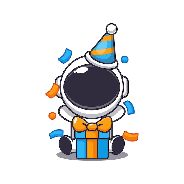 Cute astronaut in birthday party cartoon vector illustration.