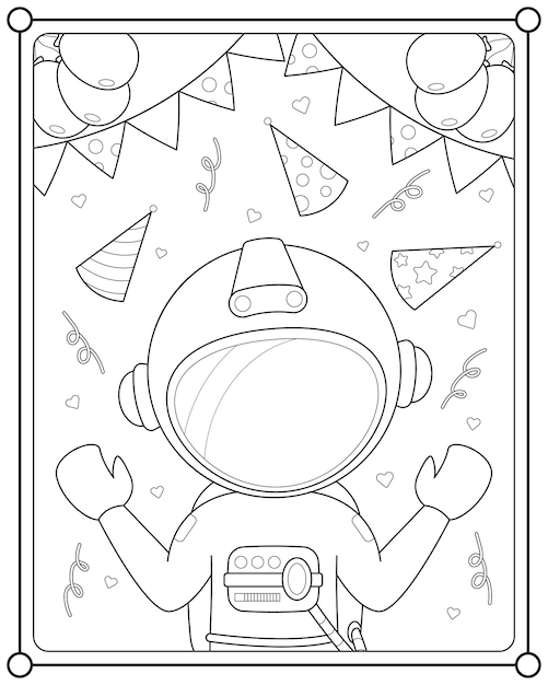 Cute astronaut birthday suitable for children's coloring page vector illustration