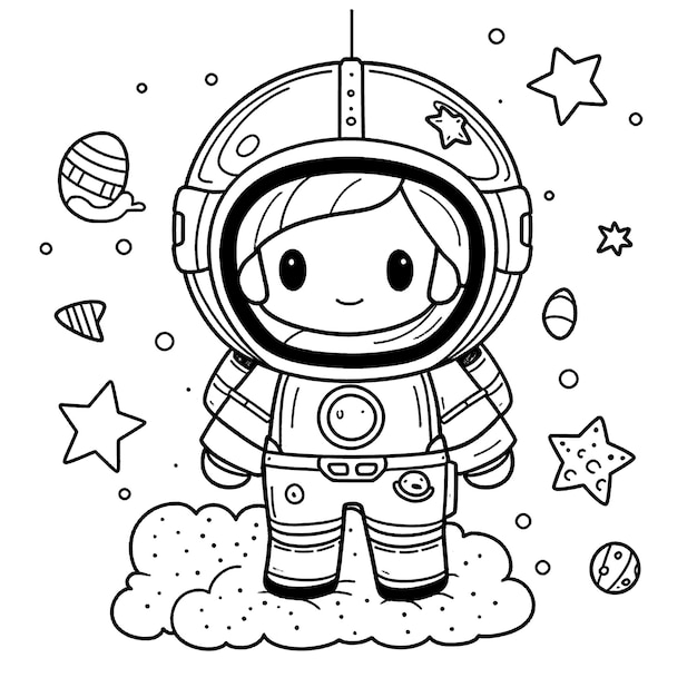 Cute Astronaut black and white coloring page for kids and adults line art simple cartoon style happy cute and funny