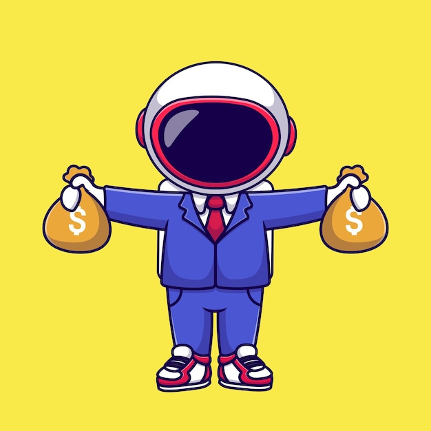 Cute Astronaut Businessman Holding Money Bag Cartoon Vector Icons Illustration.