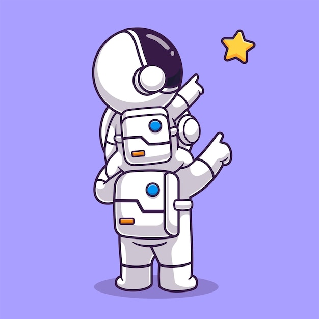 Cute Astronaut Carrying Baby Astronaut Looking Star Cartoon Vector Icon Illustration. Science Techno