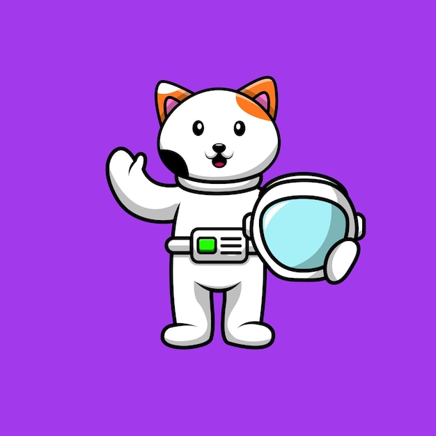 Cute astronaut cat holding helmet cartoon vector icon illustration