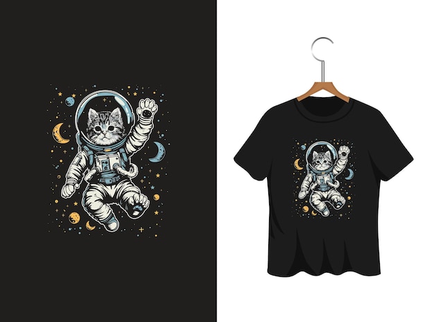 宇宙の可愛い宇宙飛行士の猫のTシャツデザイン