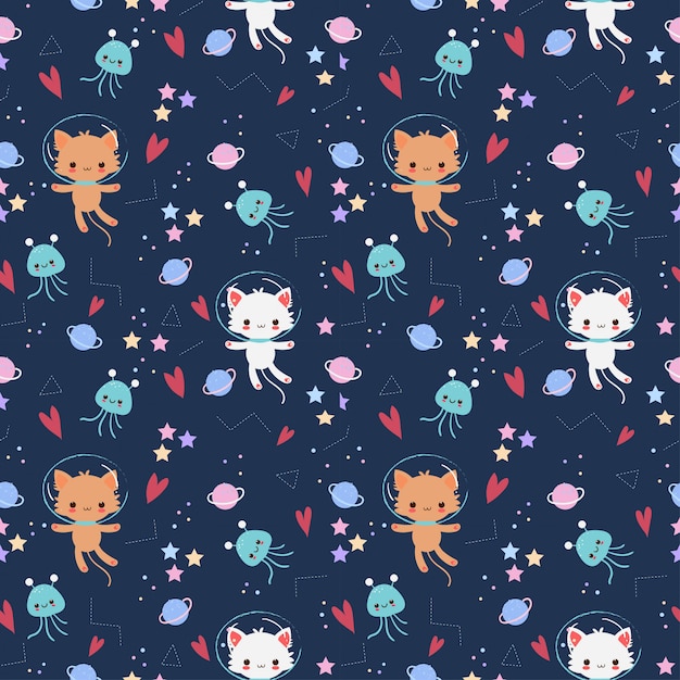 Cute astronaut cat with star and galaxy elements seamless pattern