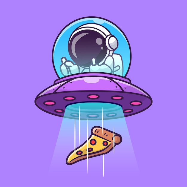 Carino astronauta cattura pizza con ufo cartoon vettore icona illustrazione scienza cibo icona concetto