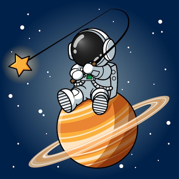 Cute astronaut catching star on the saturn