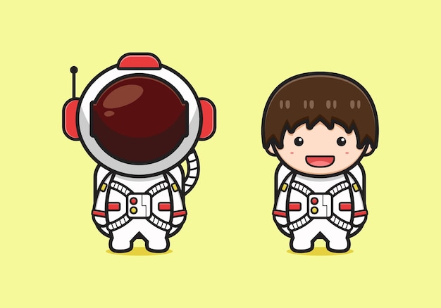 かわいい宇宙飛行士のキャラクターの漫画のアイコンのイラスト。孤立したフラット漫画スタイルをデザインする