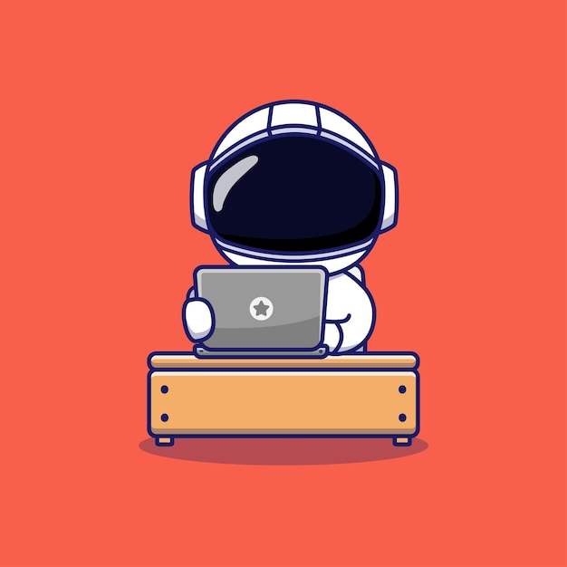 Vector cute astronaut character working with his laptop