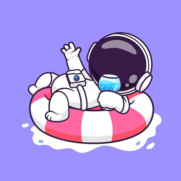 Cute astronaut chill on swimming tires with juice cartoon vector icon illustration science holiday