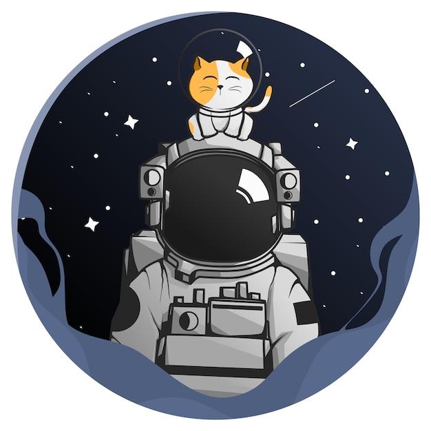 Carino astronauta cosmonauta gatto animale domestico catstronaut vola in scuro nuvoloso stelle cielo spazio cosmico illustrazione