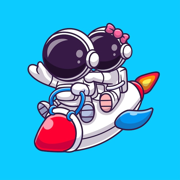 Cute Astronaut Couple Riding Rocket Cartoon Vector Icon Illustration Science Technology Isolated