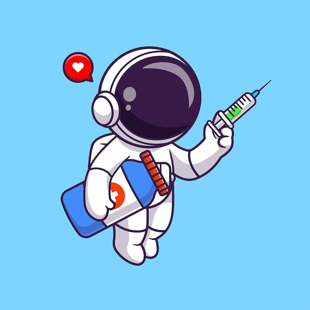 Cute astronaut doctor holding injection and medicine jar cartoon vector icon illustration science